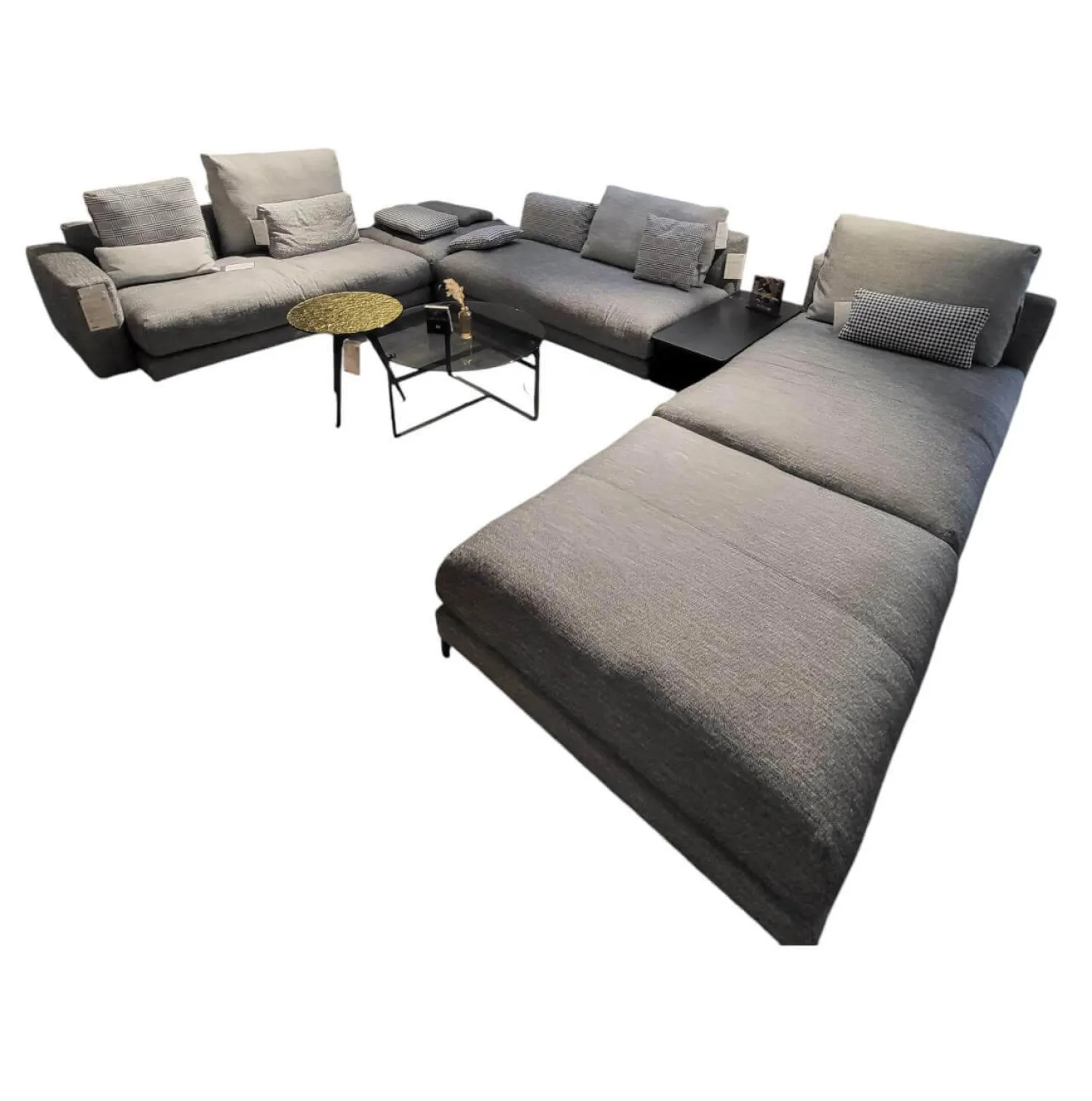 Rolf Benz Wohnlandschaften|Wohnlandschaft Nuvola Textilgewebe Schwarz Weiß Gemischt Fuß Aluminium Verkehrsschwarz RAL 9017 Lackiert Mit Kissen