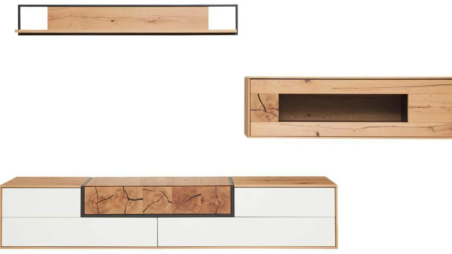 Die Hausmarke Wohnwände & Tv-Lowboards|Wohnwand 2106 Asteiche Hell Furniert Absetzung Mattlack Weiß Inklusive Beleuchtung