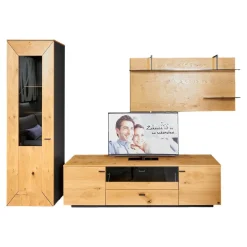Gwinner Wohnwände & Tv-Lowboards|Wohnwand 2022 Balkeneiche Honig Braun Furniert Lack Seidenmatt Anthrazit Griff Anthrazit Matt Mit LED Beleuchtung