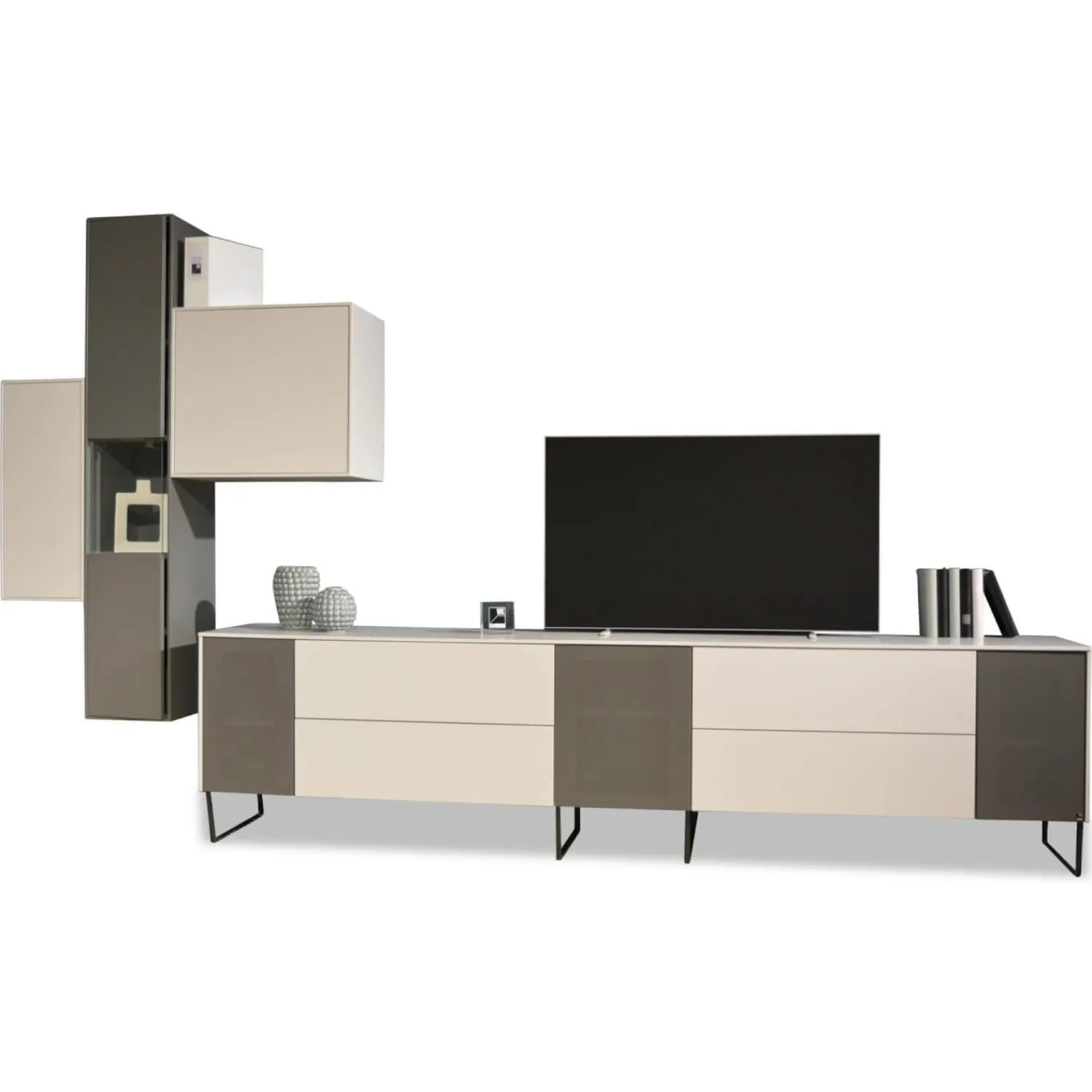 WK Wohnen Wohnwände & Tv-Lowboards|Wohnwand 419 Intono Glattlack Steingrau Rahmenfüße Schwarz