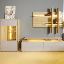 Hartmann Wohnwände & Tv-Lowboards|Wohnwand 2001 Kerneiche Natur Gebürstet Absetzungen Mattglas Naturgrau Mit Beleuchtung