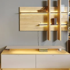 Hartmann Wohnwände & Tv-Lowboards|Wohnwand 2001 Kerneiche Natur Gebürstet Absetzungen Mattglas Naturgrau Mit Beleuchtung