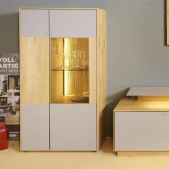 Hartmann Wohnwände & Tv-Lowboards|Wohnwand 2001 Kerneiche Natur Gebürstet Absetzungen Mattglas Naturgrau Mit Beleuchtung