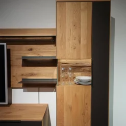 Wöstmann Wohnwände & Tv-Lowboards|Wohnwand 2009 1S Wildeiche Massiv Soft Gebürstet Mattglas Cubanit / Magnolie / Schlamm