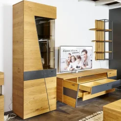 Wohn Concept Wohnwände & Tv-Lowboards|Wohnwand 2021 Vollholz Wildeiche Furniert Mattlack Beton Grau Griffe Und Füße Metall Effektlack Matt Grey Grau Glas Parasolglas Braun Mit Beleuchtung