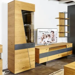 Wohn Concept Wohnwände & Tv-Lowboards|Wohnwand 2021 Vollholz Wildeiche Furniert Mattlack Beton Grau Griffe Und Füße Metall Effektlack Matt Grey Grau Glas Parasolglas Braun Mit Beleuchtung