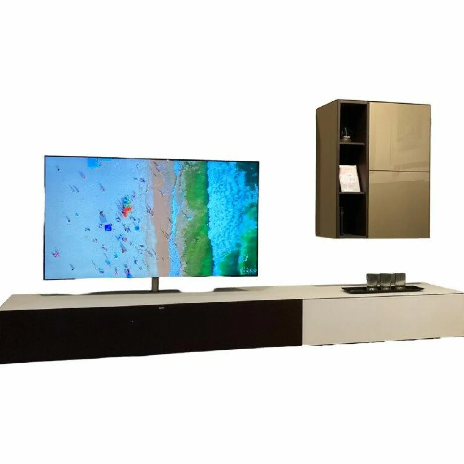 Spectral Smart Furniture Wohnwände & Tv-Lowboards|Wohnwand Ameno Lowboard Glas Snow Weiß Satiniert Mit Textilgewebe Carbon Schwarz Hängeschrank Front Glas Champagner Grau Beige Korpus Furnier Eiche Smoked Anthrazit Inklusive Beleuchtung Und Lautsprecher