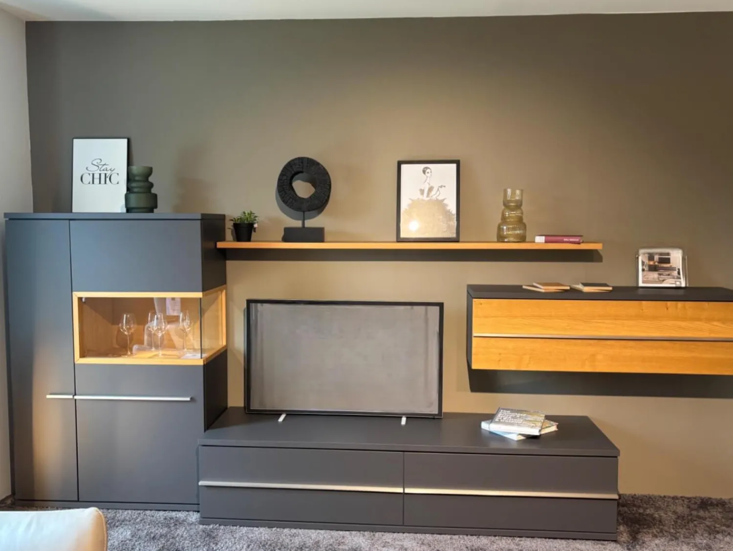 Musterring Wohnwände & Tv-Lowboards|Wohnwand Aterno Front Und Korpus Schiefergrau Grau Absetzung Eiche Struktur Inklusive LED Beleuchtung