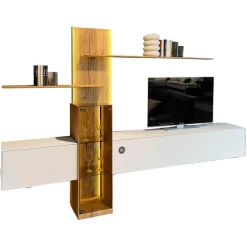 Hartmann Wohnwände & Tv-Lowboards|Wohnwand Benjo 7720W V20 Kerneiche Umato Sägerau Gebürstet Applikation Lack Weiß Mit Beleuchtung