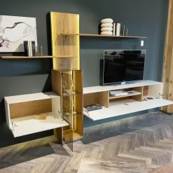 Hartmann Wohnwände & Tv-Lowboards|Wohnwand Benjo 7720W V20 Kerneiche Umato Sägerau Gebürstet Applikation Lack Weiß Mit Beleuchtung