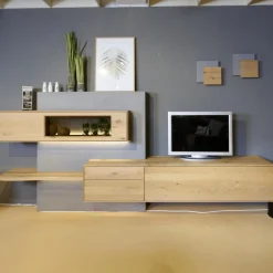 Hartmann Wohnwände & Tv-Lowboards|Wohnwand Brik Kerneiche Natur Massiv Akzente In Betonstein Inklusive 2 Wandleuchten