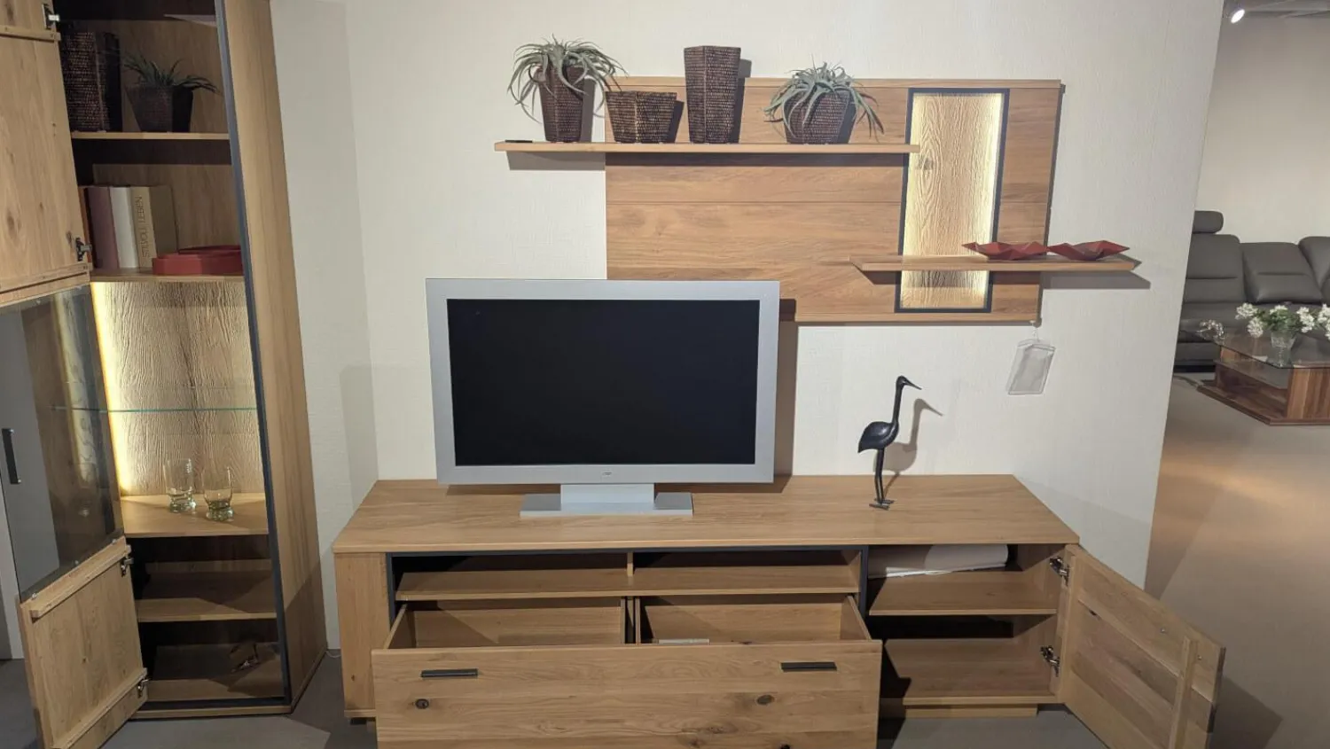 MCA Furniture Wohnwände & Tv-Lowboards|Wohnwand Campinas Asteiche Bianco Teilmassiv Metall Anthrazit