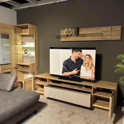 Decker Wohnwände & Tv-Lowboards|Wohnwand Carson Asteiche Massiv Bianco Geölt Akzent Glas Schlamm Grau Satiniert