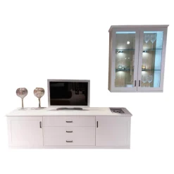 Global Wohnwände & Tv-Lowboards|Wohnwand Caseda Lack Weiß Absetzung Wildeiche Furniert Griff Schwarz