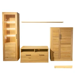 Wimmer Wohnwände & Tv-Lowboards|Wohnwand Casera 16 Rustikale Asteiche Hartwachsöl Bianco Geschliffen Klarglas Metallgriff Nickelfarbig Gebürstet Inklusive LED Beleuchtung