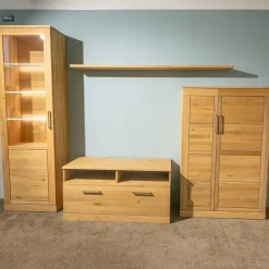 Wimmer Wohnwände & Tv-Lowboards|Wohnwand Casera 16 Rustikale Asteiche Hartwachsöl Bianco Geschliffen Klarglas Metallgriff Nickelfarbig Gebürstet Inklusive LED Beleuchtung