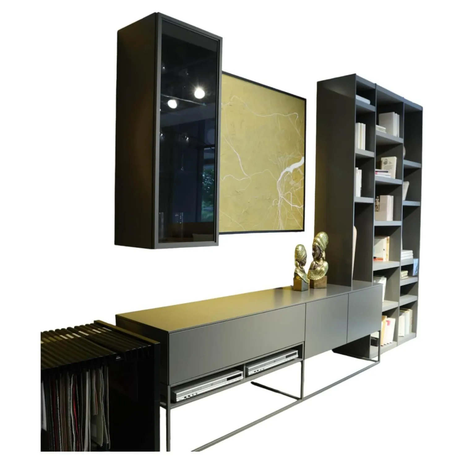 Contur Wohnwände & Tv-Lowboards|Wohnwand Catona Glattlack Onyxgrau Grau Klarglas Optiwhite Inklusive Beleuchtung