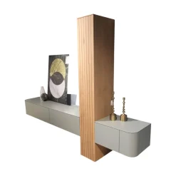 Clara Home Wohnwände & Tv-Lowboards|Wohnwand Clea Lack LM Pigeon Grau Absetzung Asteiche Bianco