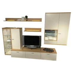 Rietberger Möbelwerke Wohnwände & Tv-Lowboards|Wohnwand Cremona Lack Crema Cremeweiß Holzakzente In Eiche Sand Mit LED Beleuchtung Und Spiegelrückwand