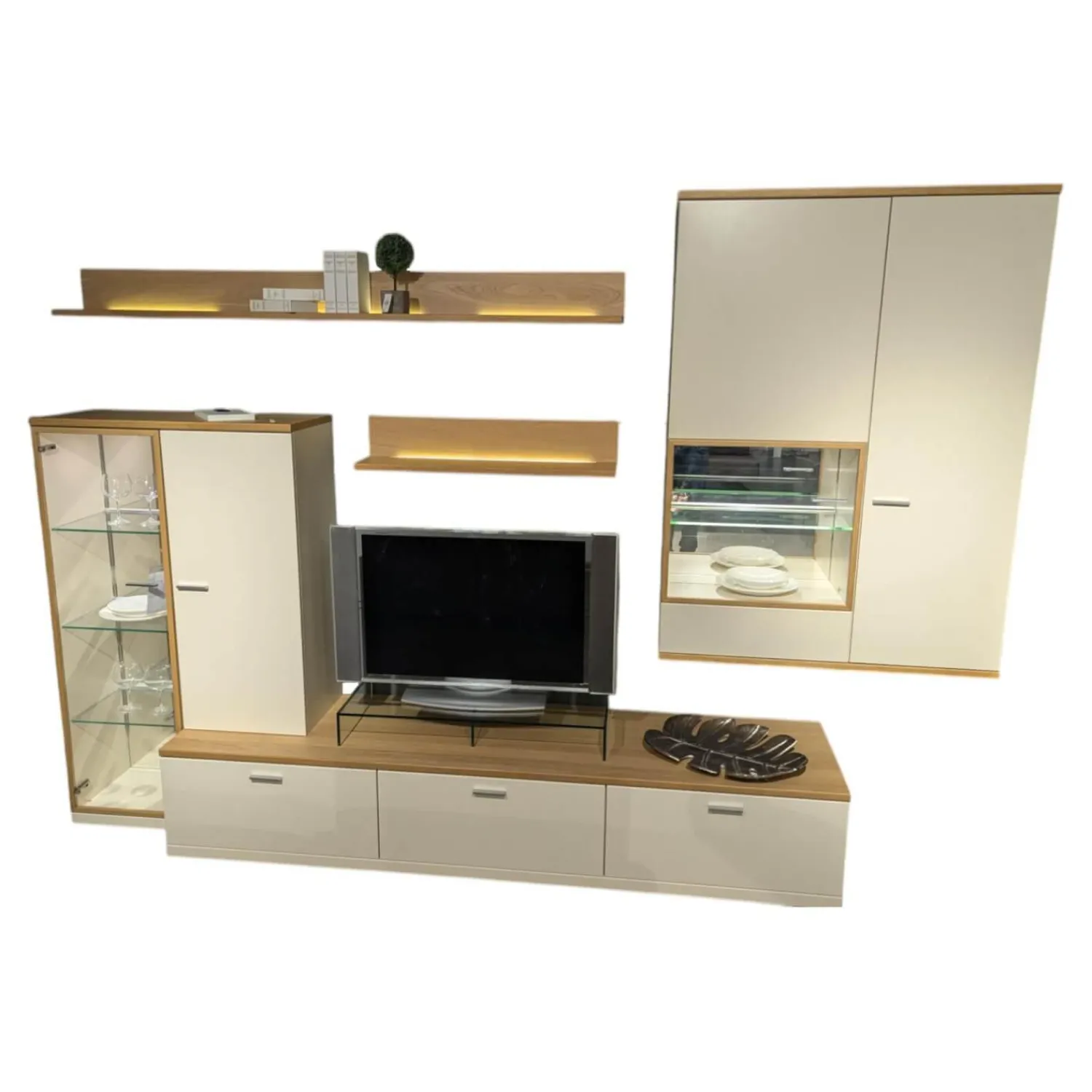 Rietberger Möbelwerke Wohnwände & Tv-Lowboards|Wohnwand Cremona Lack Crema Cremeweiß Holzakzente In Eiche Sand Mit LED Beleuchtung Und Spiegelrückwand