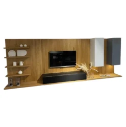 Team 7 Wohnwände & Tv-Lowboards|Wohnwand Cubus Pure Eiche Natur Geölt Hängeelemente Glas Weiß Mittelgrau Und Schwarz TV Element Stofffront Mit LED Beleuchtung