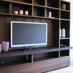 Molteni & C Wohnwände & Tv-Lowboards|Wohnwand Eukalyptus Lack Mokka Mit Schiebetür Aus Stopsol-Glas Mit Licht