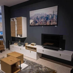 Global Wohnwände & Tv-Lowboards|Wohnwand Fablo Balkeneiche Bianco Weiß Matt mit Beleuchtung