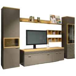 Rietberger Möbelwerke Wohnwände & Tv-Lowboards|Wohnwand Flair Rahmenfarbe Eiche Sand Lack Terra Grau Griff T8 Edelstahlfarbig Mit LED Beleuchtung