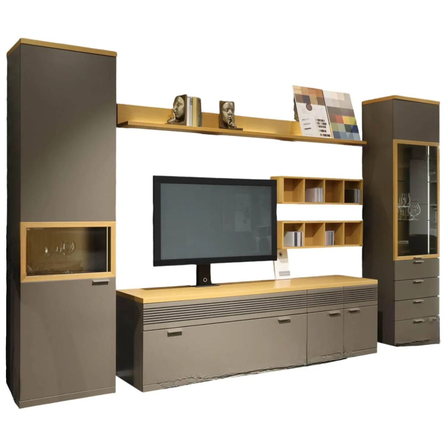 Rietberger Möbelwerke Wohnwände & Tv-Lowboards|Wohnwand Flair Rahmenfarbe Eiche Sand Lack Terra Grau Griff T8 Edelstahlfarbig Mit LED Beleuchtung