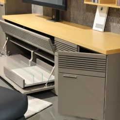 Rietberger Möbelwerke Wohnwände & Tv-Lowboards|Wohnwand Flair Rahmenfarbe Eiche Sand Lack Terra Grau Griff T8 Edelstahlfarbig Mit LED Beleuchtung