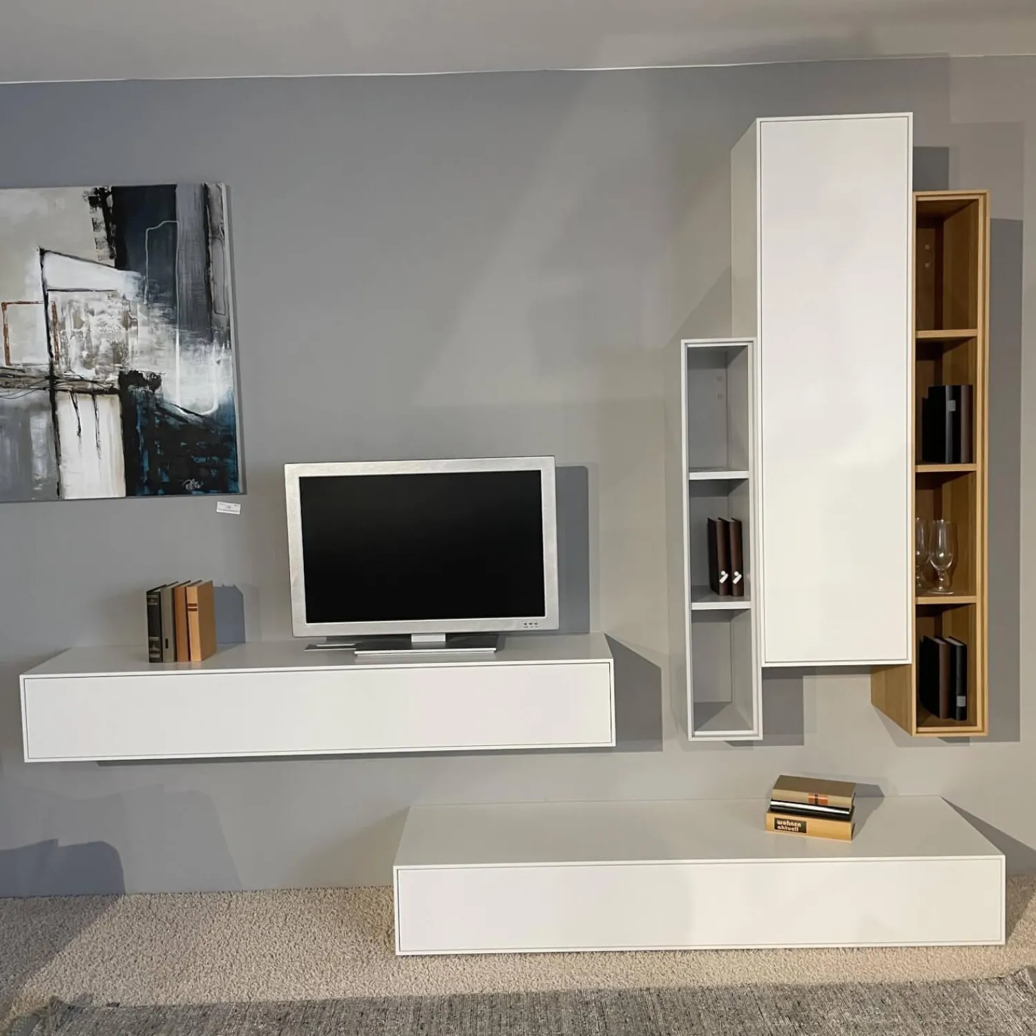 Sudbrock Wohnwände & Tv-Lowboards|Wohnwand Game Glattlack Verkehrsweiß Glattlack Steingrau Ethno Eiche