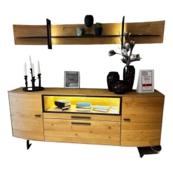 Musterring Wohnwände & Tv-Lowboards|Wohnwand Giulia Wildeiche Massiv Soft Gebürstet Gestell Metall Carbonfarbig Schwarz Mit Beleuchtung