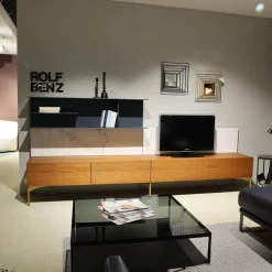 Presotto Wohnwände & Tv-Lowboards|Wohnwand I ModulART Lowbaord Nussbaum Canaletto Wandregal Blu Vinca Dunkelblau Rückwand Marmor Calacatta