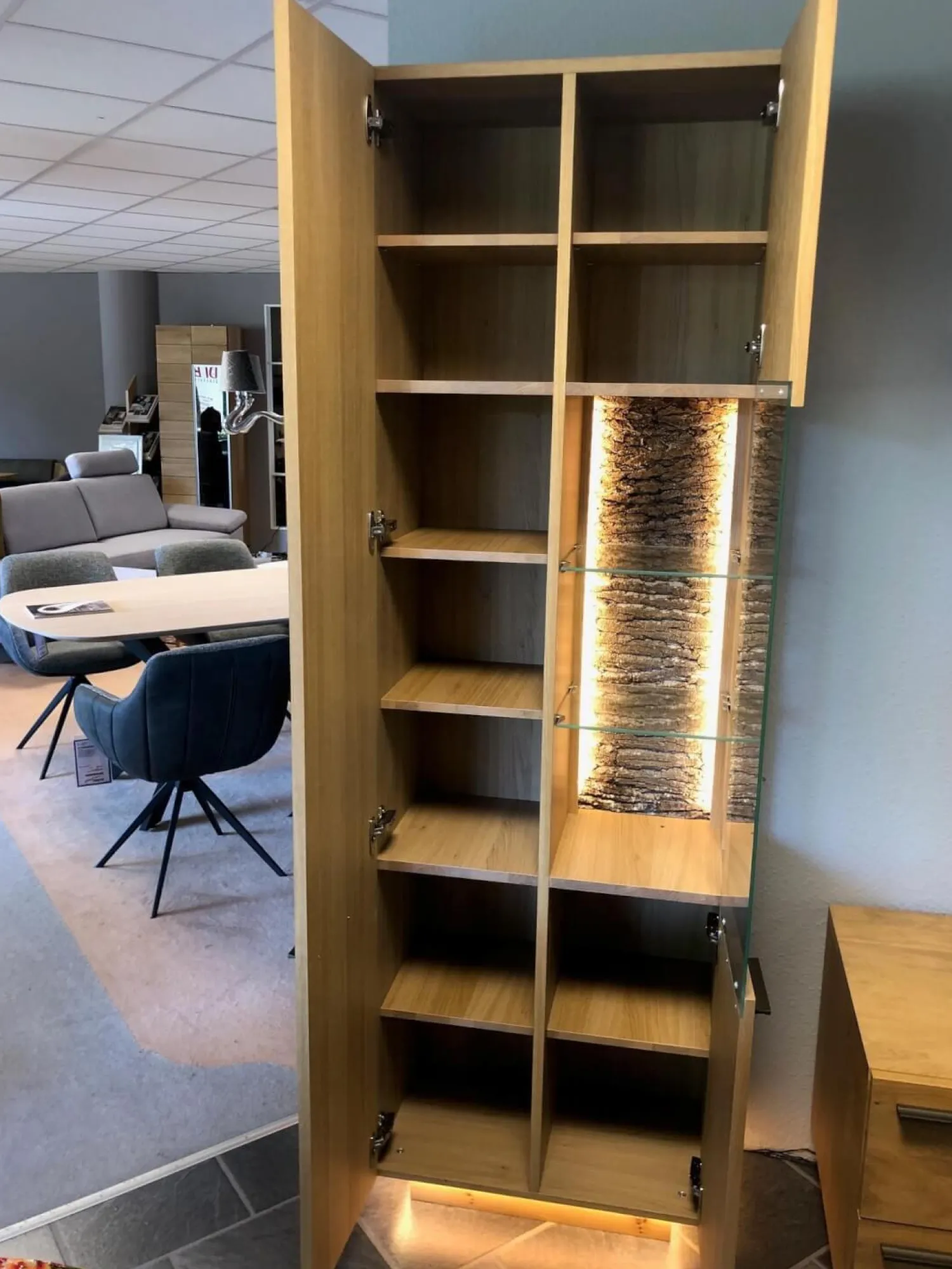 Schröder Franz Wohnwände & Tv-Lowboards|Wohnwand Kitzalm Solid Plus K050 Kernasteiche Natur Furniert Gebürstet Akzentglas Schiefer Grau Inklusive Beleuchtung