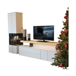 Loddenkemper Wohnwände & Tv-Lowboards|Wohnwand Minos Lack Kristallgrau Matt Absetzung Balkeneiche Mit Glaseinsatz Und LED Beleuchtung Ohne Dekoration