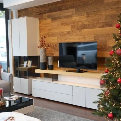 Loddenkemper Wohnwände & Tv-Lowboards|Wohnwand Minos Lack Kristallgrau Matt Absetzung Balkeneiche Mit Glaseinsatz Und LED Beleuchtung Ohne Dekoration