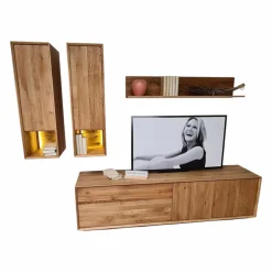 Natura Wohnwände & Tv-Lowboards|Wohnwand Missoula Eiche Massiv Geölt mit LED-Beleuchtung