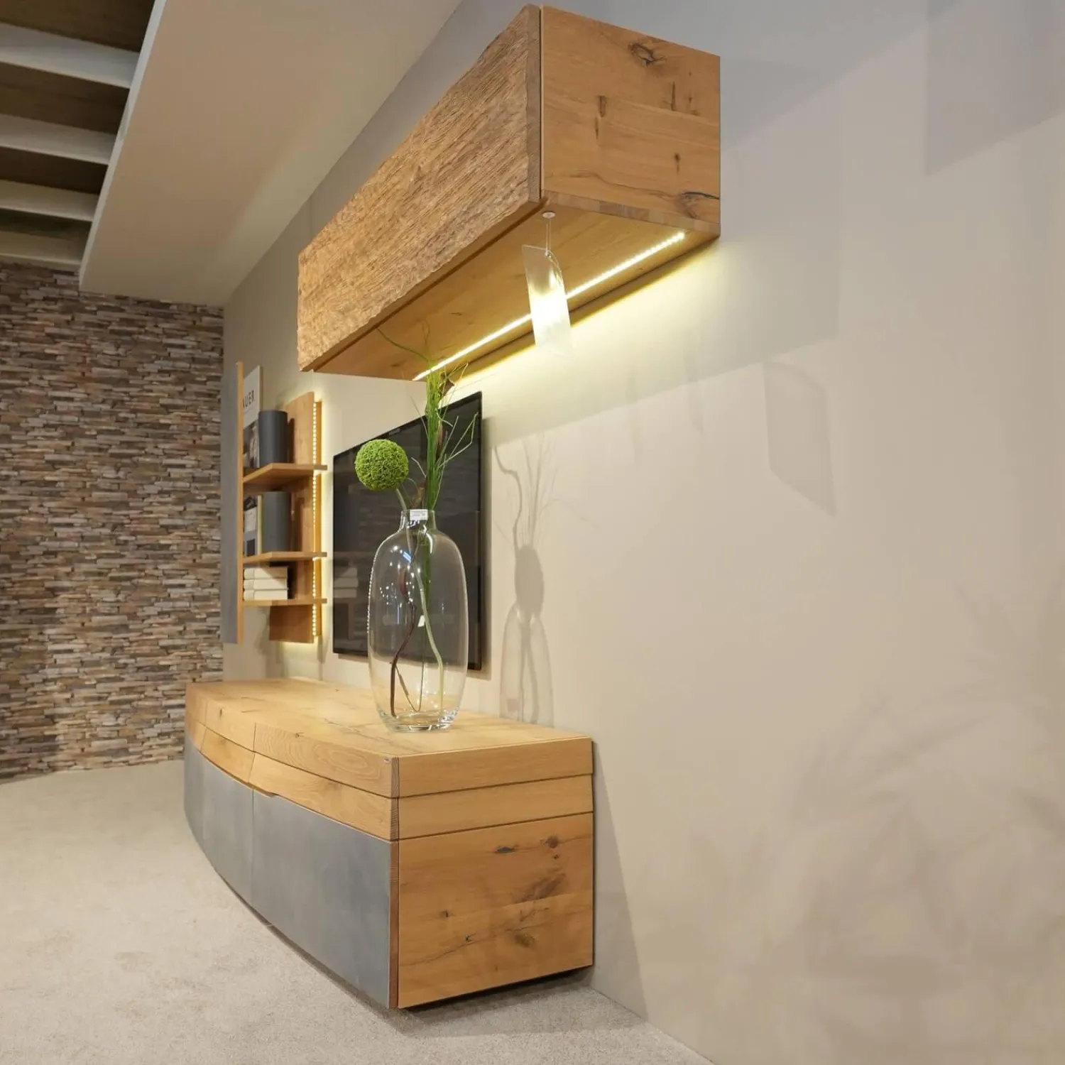 Voglauer Wohnwände & Tv-Lowboards|Wohnwand Opus Wildeiche Rustiko Akzent Beton Inklusive Highboard Und Sideboard