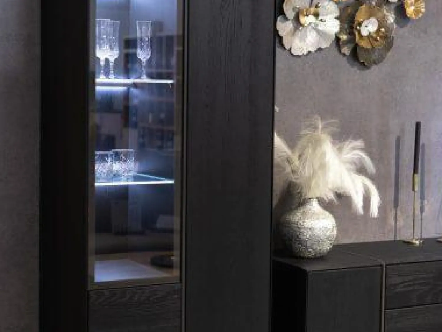 Hülsta Wohnwände & Tv-Lowboards|Wohnwand Persis Eiche Massiv Anthrazit Reliefglass Anthrazit Metallrahmen Edelstahl Mit Beleuchtung