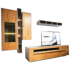 Gwinner Wohnwände & Tv-Lowboards|Wohnwand Piana Lack Seidenmatt Fango Grau Balkeneiche Honig Inklusive LED Beleuchtung
