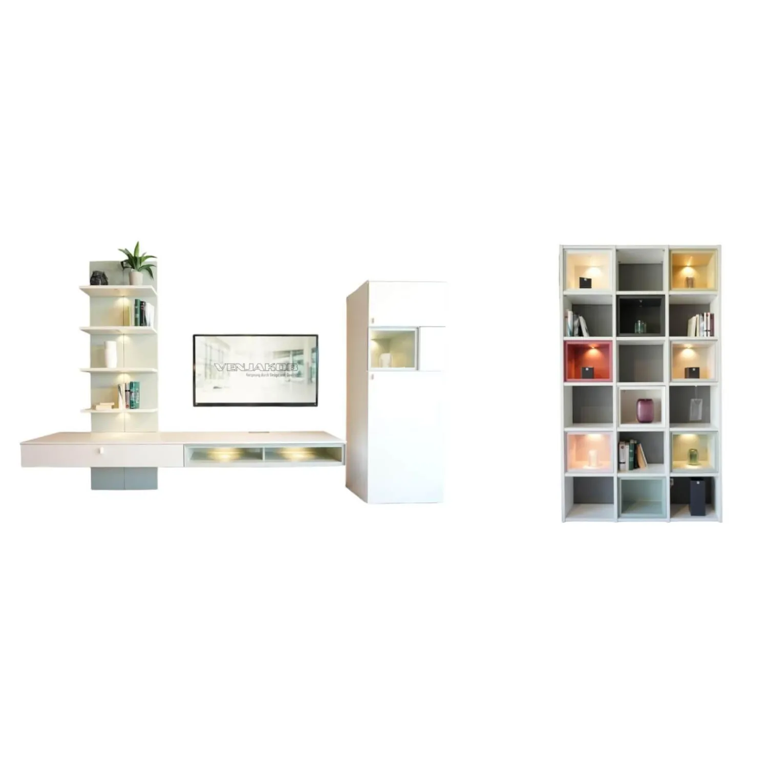 Venjakob Wohnwände & Tv-Lowboards|Wohnwand Plan X Lack Weiß Matt Absetzung Jadegrün Matt Inklusive Beleuchtung Mit Regal Ohne Fernseher