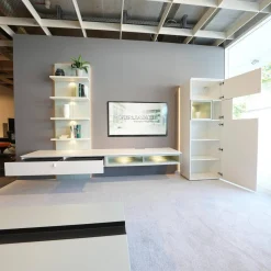 Venjakob Wohnwände & Tv-Lowboards|Wohnwand Plan X Lack Weiß Matt Absetzung Jadegrün Matt Inklusive Beleuchtung Mit Regal Ohne Fernseher