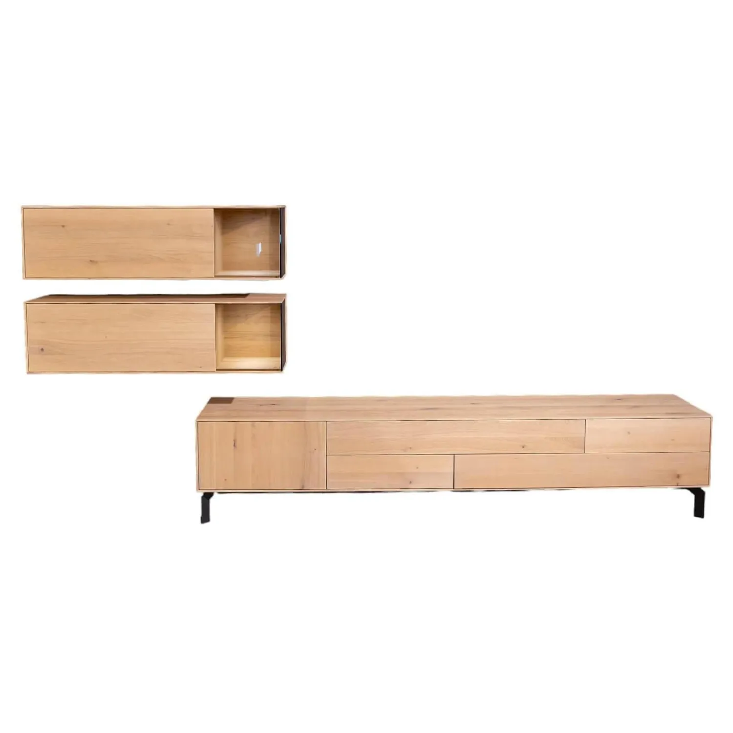 Anrei Wohnwände & Tv-Lowboards|Wohnwand Puro 109 368 Asteiche Gebürstet Weiß Geölt Metall Sockel Schwarz Matt Mit Glaseinlage Und Beleuchtung