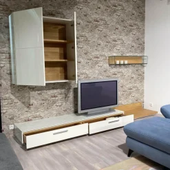 Hülsta Wohnwände & Tv-Lowboards|Wohnwand Scalic Lack Weiß Natureiche Lowboard Hängeelement Glas-Hängeelement