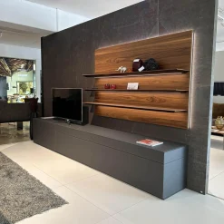 Kettnaker Wohnwände & Tv-Lowboards|Wohnwand Soma Lack Und Glas Graphit Matt Grau Mit Paneelsystem Nussbaum Massivoptik Und Beleuchtung