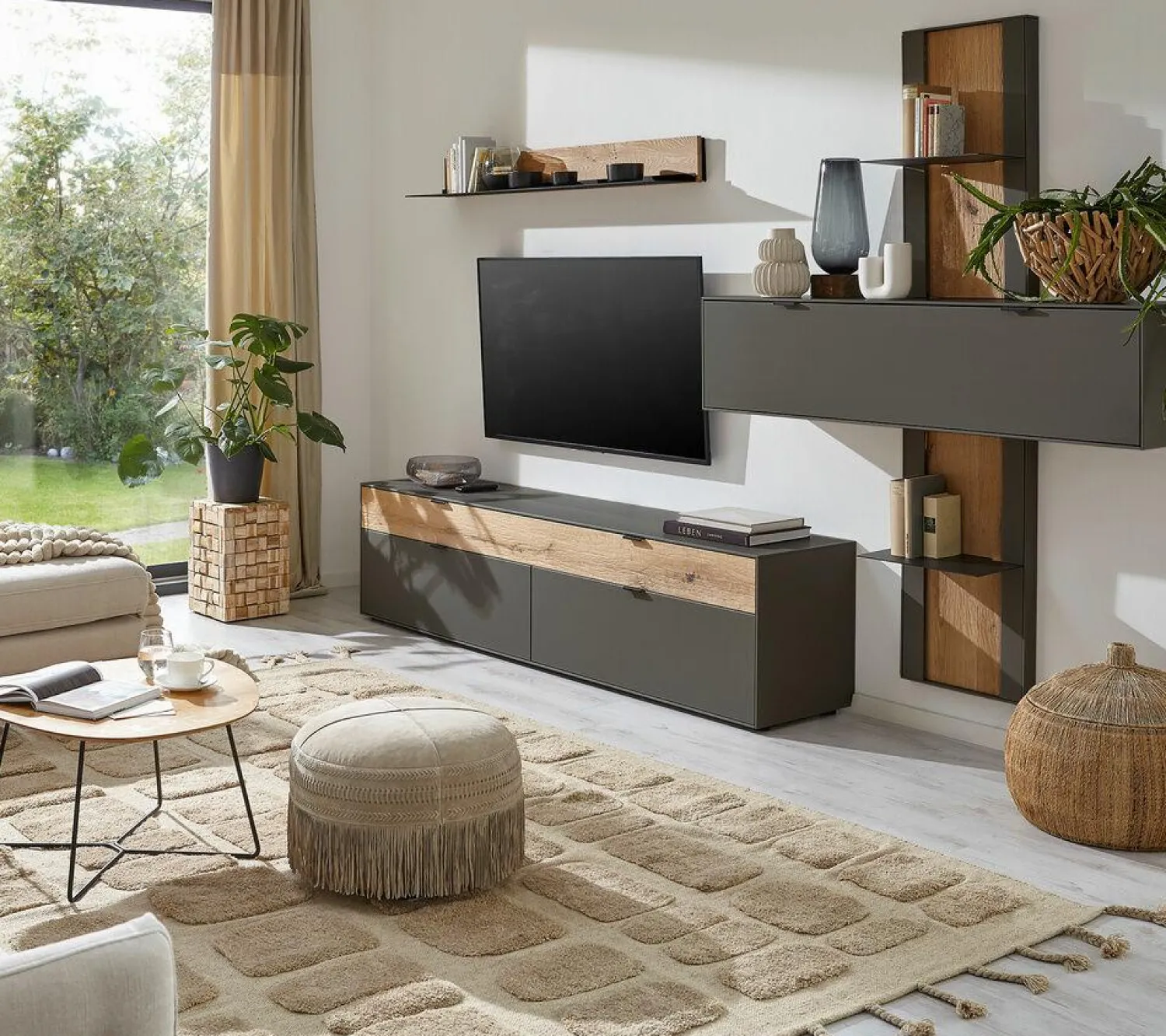 Natura Wohnwände & Tv-Lowboards|Wohnwand Tucson Front Und Korpus Lack Graphitgrau Grau Akzent Spalteiche Mit Beleuchtung