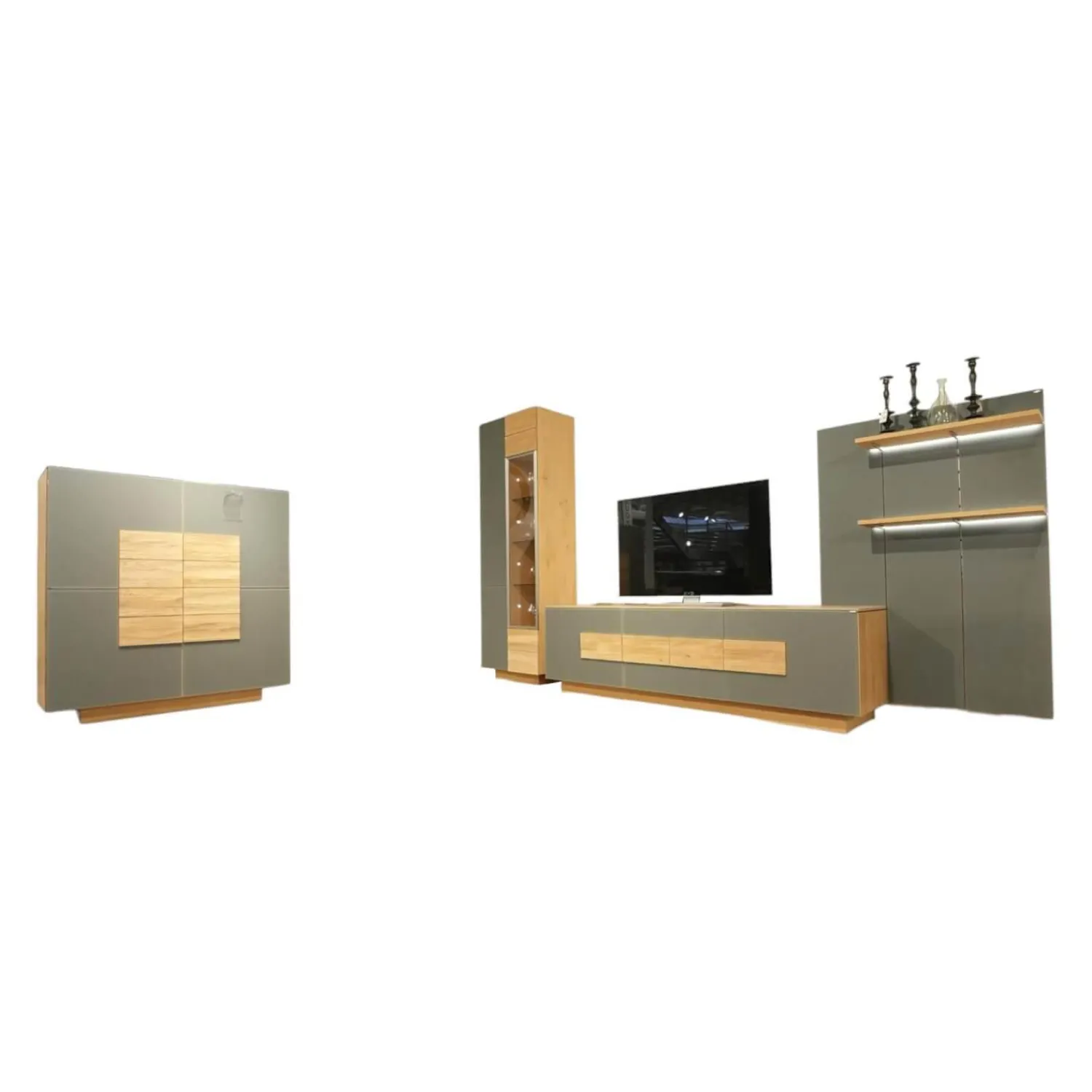 Voglauer Wohnwände & Tv-Lowboards|Wohnwand V Montanara Holz Wildeiche Geölt Frontglas Montegrau Mit Beleuchtung