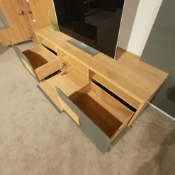 Voglauer Wohnwände & Tv-Lowboards|Wohnwand V Montanara Holz Wildeiche Geölt Frontglas Montegrau Mit Beleuchtung