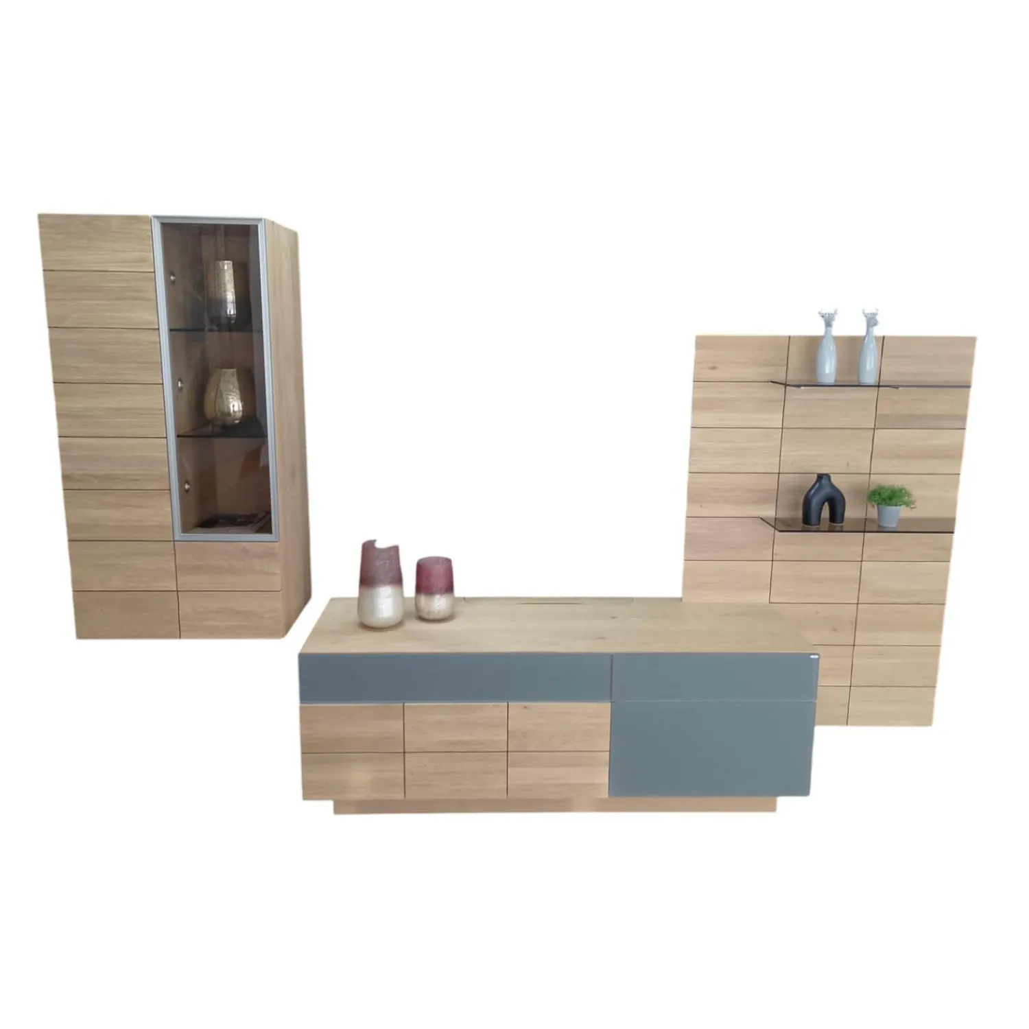 Voglauer Wohnwände & Tv-Lowboards|Wohnwand V Montanara Wildeiche Geölt Frontglas Montegrau Inklusive Beleuchtung