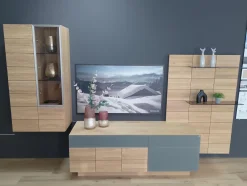 Voglauer Wohnwände & Tv-Lowboards|Wohnwand V Montanara Wildeiche Geölt Frontglas Montegrau Inklusive Beleuchtung